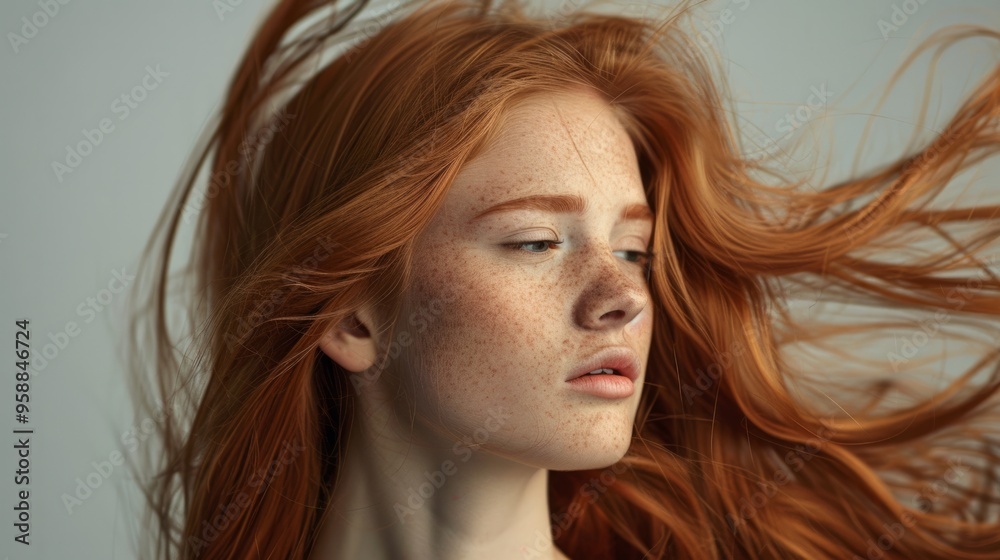 Close-up of red-haired girl's face on plain neutral background. Concept of improving hair appearance, revealing femininity and attractiveness, developing hairdressing business.
Close-up of red-haired girl's face on plain neutral background. Concept of improving hair appearance, revealing femininity and attractiveness, developing hairdressing business.