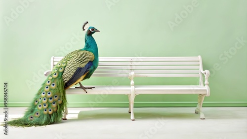 Peacock on a bench of an urban park photo