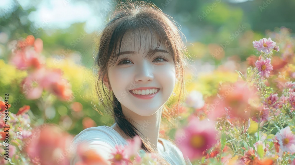 Asian young women taking a selfie in a beautiful garden.