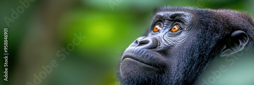 A close-up of a Western Lowland Gorilla with remarkable orange eyes reveals the depth and emotion of this endangered species. photo