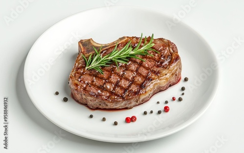 Grilled beef steak on a clean white plate, garnished with fresh rosemary and seasoned with pepper, gourmet meat dish concept