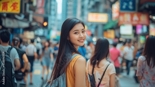 Asian young women walking through a bustling city street.