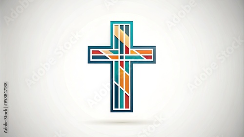 A stylized, minimalist Christian cross icon integrated with abstract shapes and bold typography, conveying a sense of modernity, faith, and spirituality in a clean, elegant design. photo