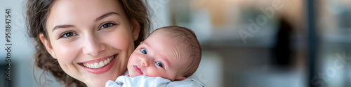 Caucasian female doctor smiling while holding a newborn baby