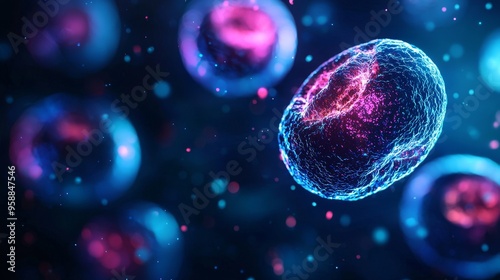 Closeup of microbial cell division process, data analysis, detailed, vibrant, microscopic view