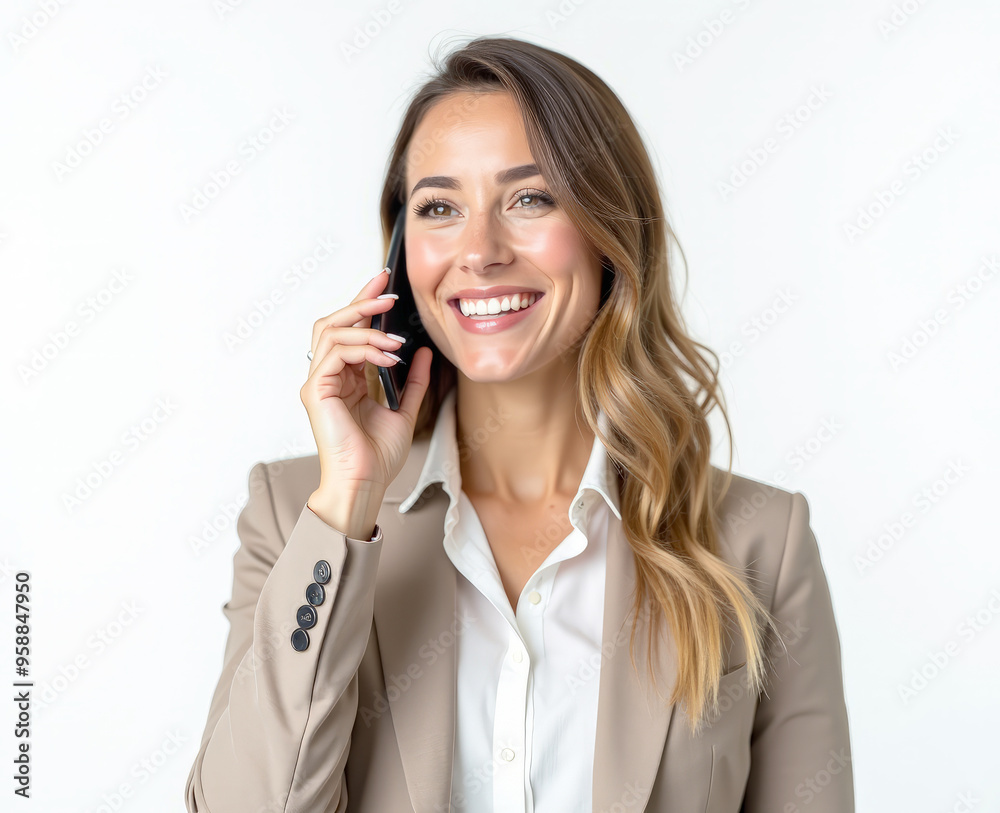 a businesswoman talking on the phone smiling on a white background a businesswoman talking on the phone smiling on a white background