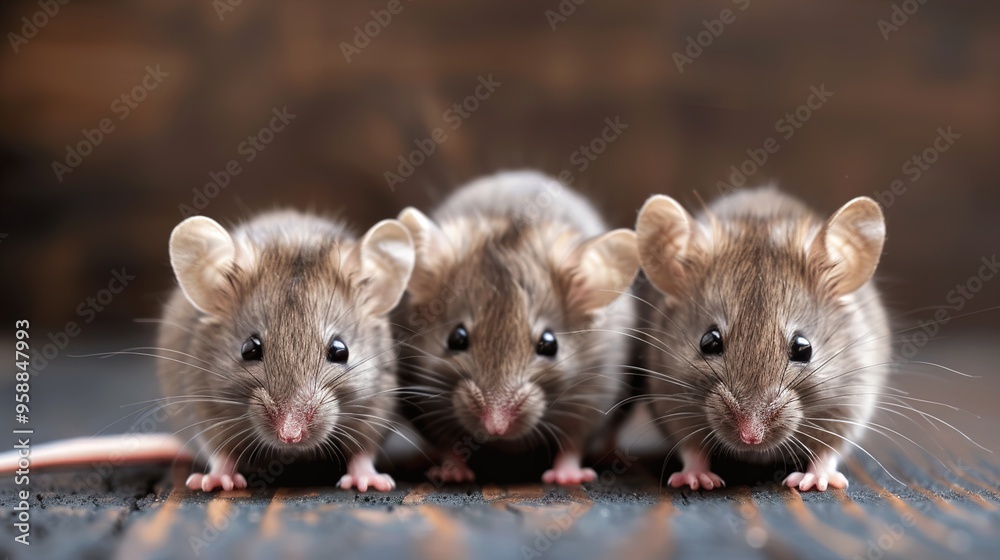 Three adorable brown rats sitting on wooden floor. Three adorable brown rats sitting on wooden floor.