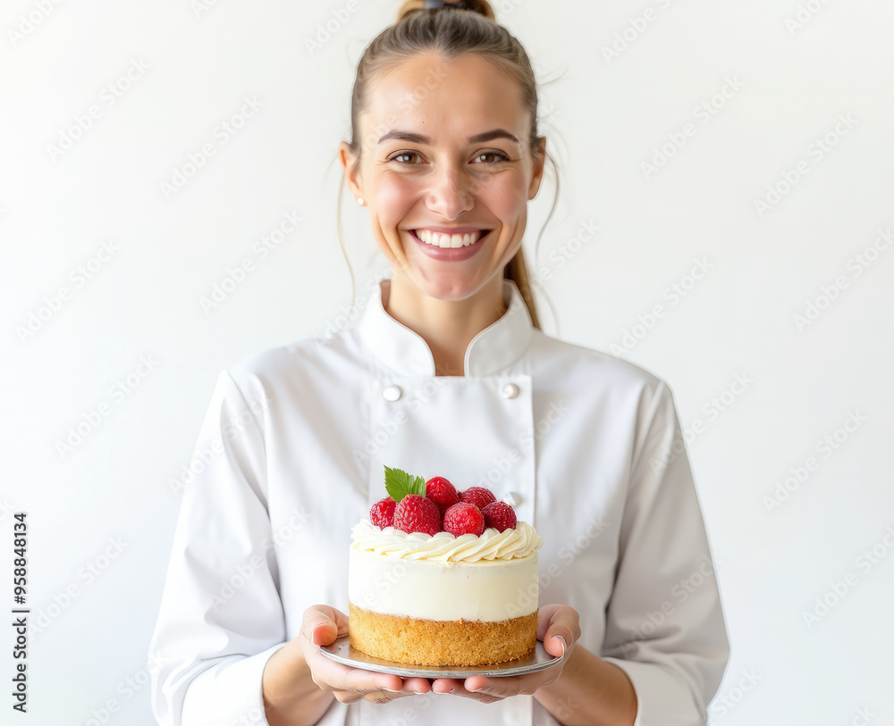 The pastry chef girl is smiling and holding a strawberry cake on a white background The pastry chef girl is smiling and holding a strawberry cake on a white background