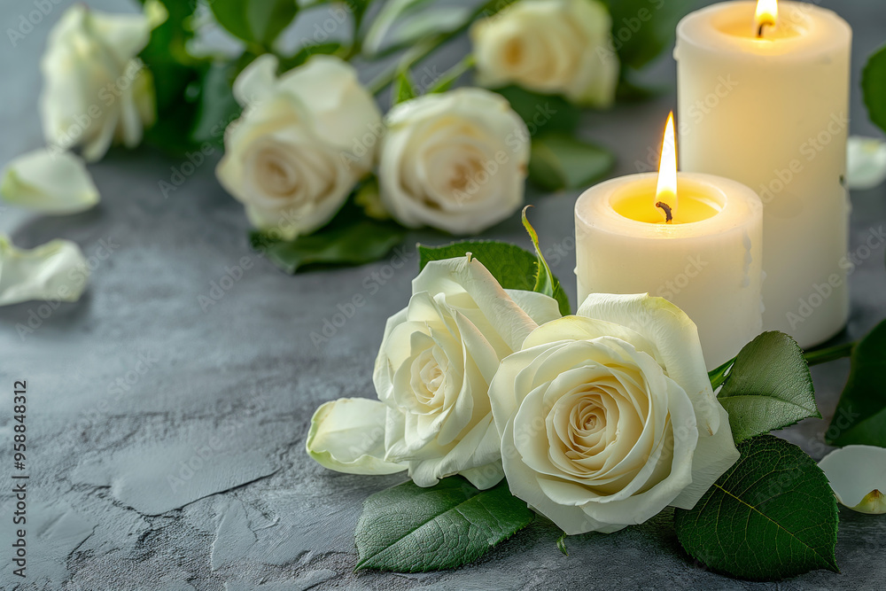 Elegant White Roses and Candles on Textured Gray Surface Elegant White Roses and Candles on Textured Gray Surface