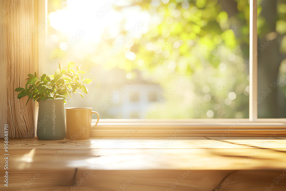 A serene view from a sunlit window featuring a potted plant and a coffee mug, perfect for creating a peaceful atmosphere. A serene view from a sunlit window featuring a potted plant and a coffee mug, perfect for creating a peaceful atmosphere.