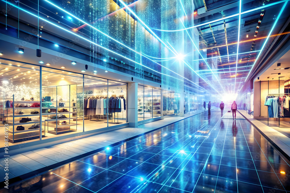 Fototapeta premium AI Powered Retail Transformation: Abstract Digital Art Illustrating Dynamic Light Patterns and Textures Symbolizing Innovative Cost-Efficient Solutions for Retail Technology Evolution