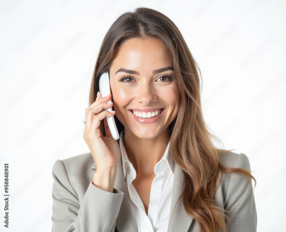 a businesswoman talking on the phone smiling on a white background a businesswoman talking on the phone smiling on a white background