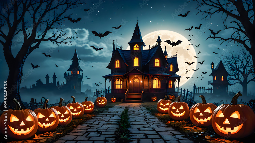 Halloween background with haunted house, pumpkins, bats and moon Halloween background with haunted house, pumpkins, bats and moon