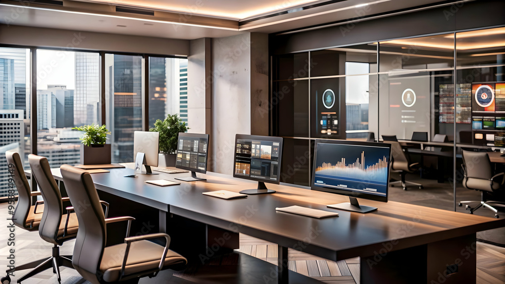 Fototapeta premium Professional Smart Office with AI Tools and Modern Design - Technology Integration for Seamless Business Solutions in a Cost-effective Environment