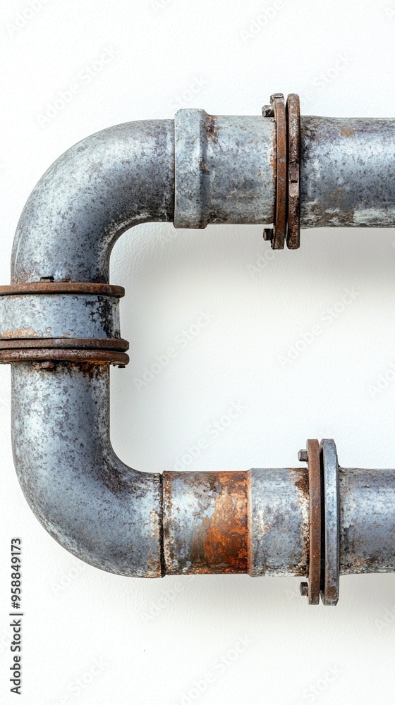 Rustic industrial plumbing pipes form a bold 'C' shape against a white background, showcasing the raw beauty of aged metal and utilitarian design. Rustic industrial plumbing pipes form a bold 'C' shape against a white background, showcasing the raw beauty of aged metal and utilitarian design.