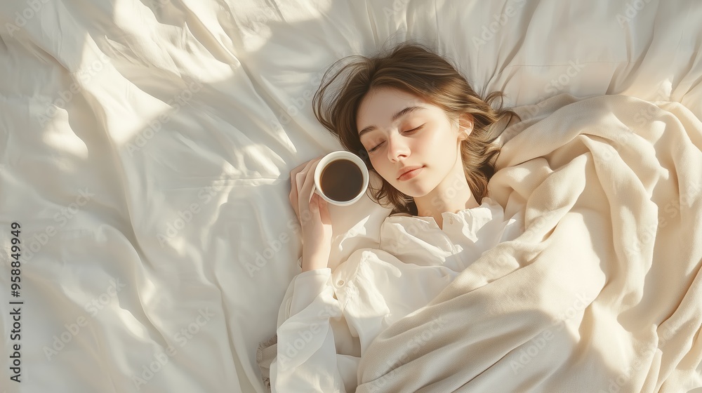 A young woman peacefully resting in bed while holding a steaming cup of coffee, enjoying a serene morning indoors A young woman peacefully resting in bed while holding a steaming cup of coffee, enjoying a serene morning indoors