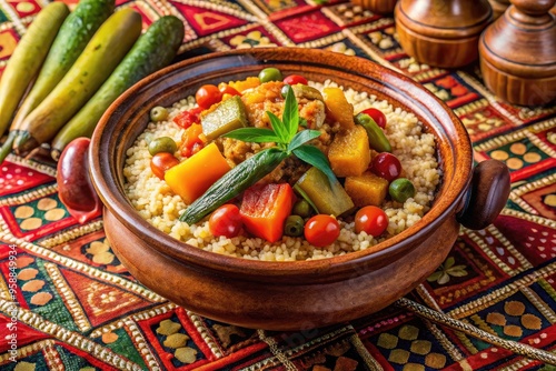 Authentic Algerian Dish With Couscous, Vegetables, And Traditional Spices, Presented In An Earthenware Bowl On A Patterned Textile. photo