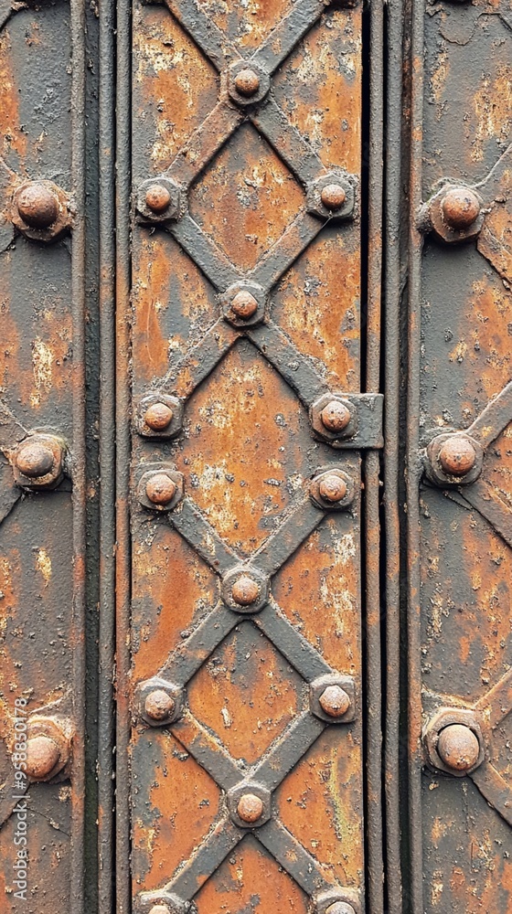 Rustic metal door with intricate diamond pattern and rivets, showcasing weathered orange patina and industrial charm. Textured surface evokes history. Rustic metal door with intricate diamond pattern and rivets, showcasing weathered orange patina and industrial charm. Textured surface evokes history.
