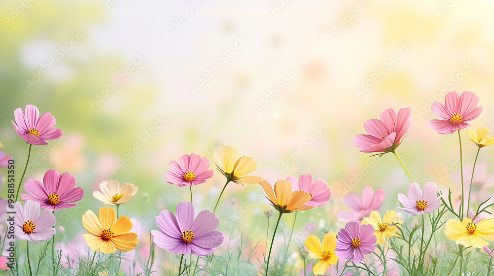 Serene, dreamy floral background design, pastel wildflowers blooming, meadow, soft bokeh background. spring, summer designs, invitations, and seasonal décor, natural, peaceful vibe. ample copy space Serene, dreamy floral background design, pastel wildflowers blooming, meadow, soft bokeh background. spring, summer designs, invitations, and seasonal décor, natural, peaceful vibe. ample copy space