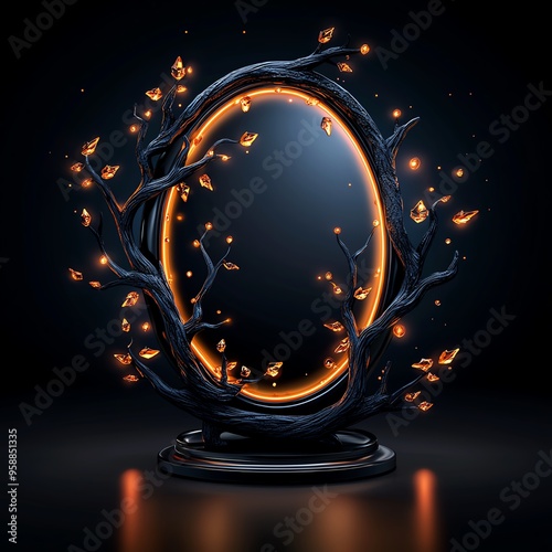 A mystical mirror framed with glowing branches and leaves, evoking a sense of magic and wonder in a dark ambiance.