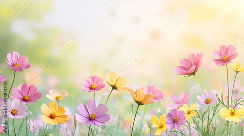Serene, dreamy floral background design, pastel wildflowers blooming, meadow, soft bokeh background. spring, summer designs, invitations, and seasonal décor, natural, peaceful vibe. ample copy space
