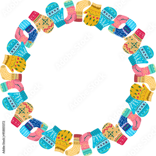Christmas sock and mitten circle frame illustration on transparent background.
