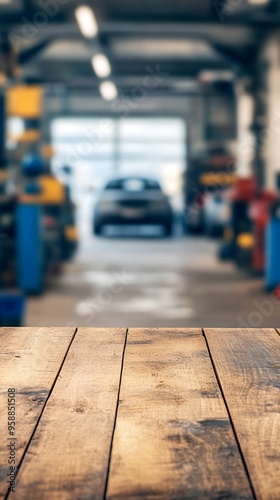 Wallpaper Mural Rustic wooden tabletop in foreground with blurred auto repair shop interior in background, showcasing a car lift and vehicle silhouette in soft focus. Torontodigital.ca
