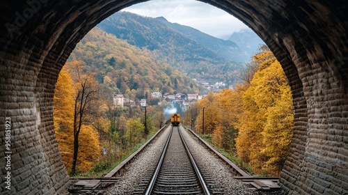 Dynamic View of a Railway Track Inside a Tunnel with an Approaching Train from Afar, Capturing the Depth, Motion, and Atmospheric Lighting in a Dark Underground Passage.