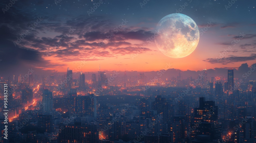 Surreal urban skyline beneath a supermoon Surreal urban skyline beneath a supermoon