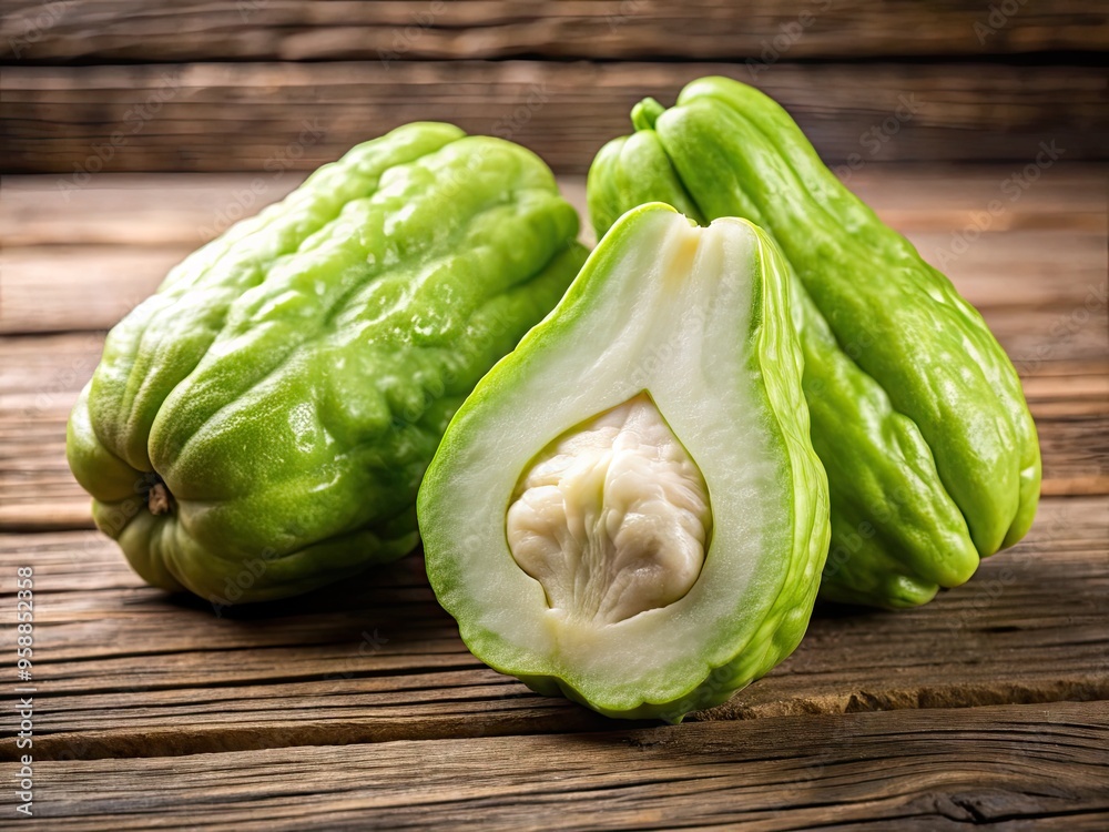 A vibrant green chayote gourd, halved to reveal its pale white interior, rests on a rustic wooden table, blurring the line between fruit and vegetable. A vibrant green chayote gourd, halved to reveal its pale white interior, rests on a rustic wooden table, blurring the line between fruit and vegetable.