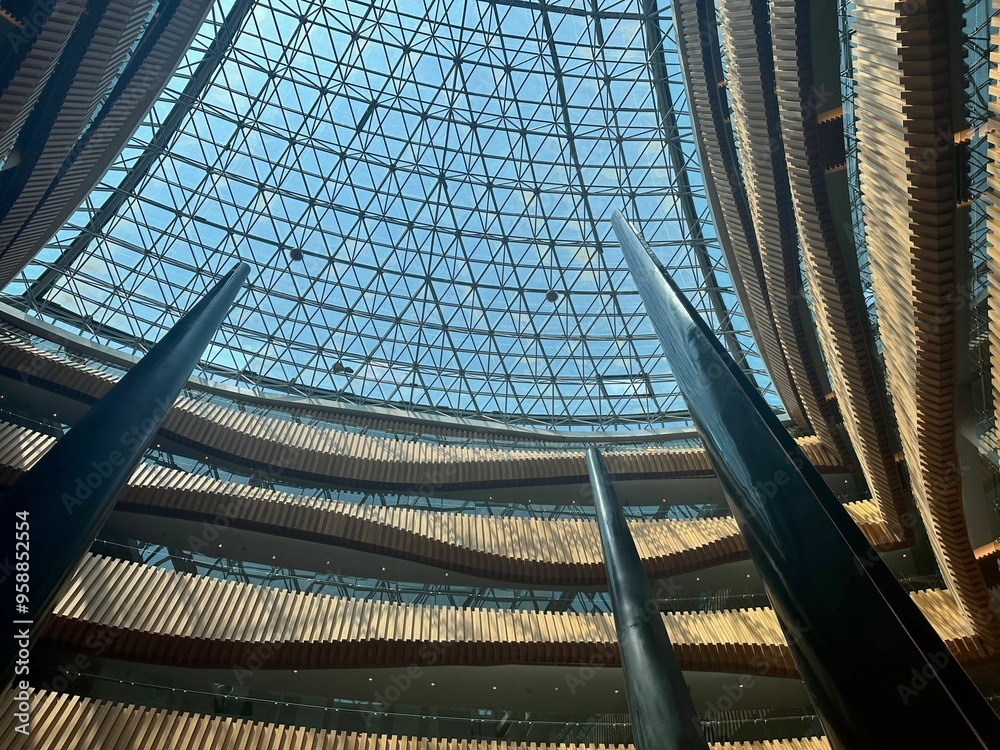 Obraz premium Glass roof of hotel building, bottom view