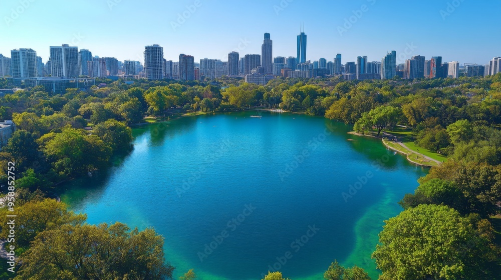 Obraz premium Aerial View of Urban Park with Lake and Cityscape Skyline