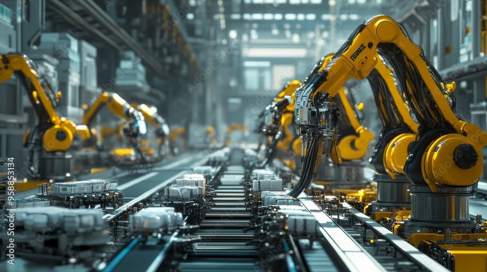 Industrial Robots on Assembly Line.