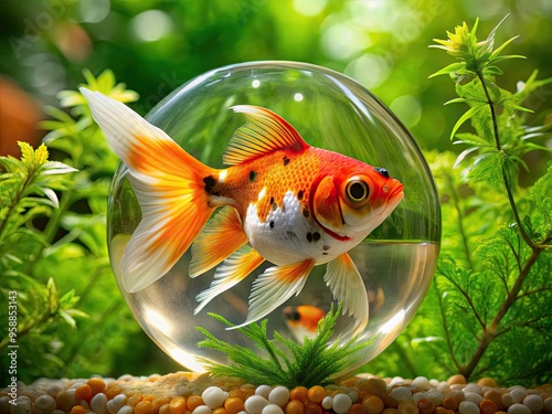 A vibrant orange goldfish with white and black markings swims in a clear glass bowl amidst lively green aquatic plants and sparkling water droplets. photo