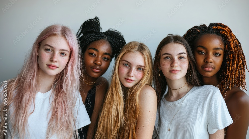 Diverse young women posing together for a group photo. Diverse young women posing together for a group photo.