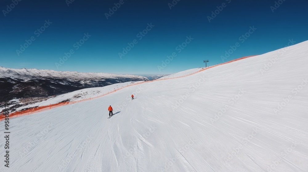 Skiers on a snowy mountain slope bright winter day clear blue sky fast and thrilling descent fresh snow under the skis white and blue palette Skiers on a snowy mountain slope bright winter day clear blue sky fast and thrilling descent fresh snow under the skis white and blue palette
