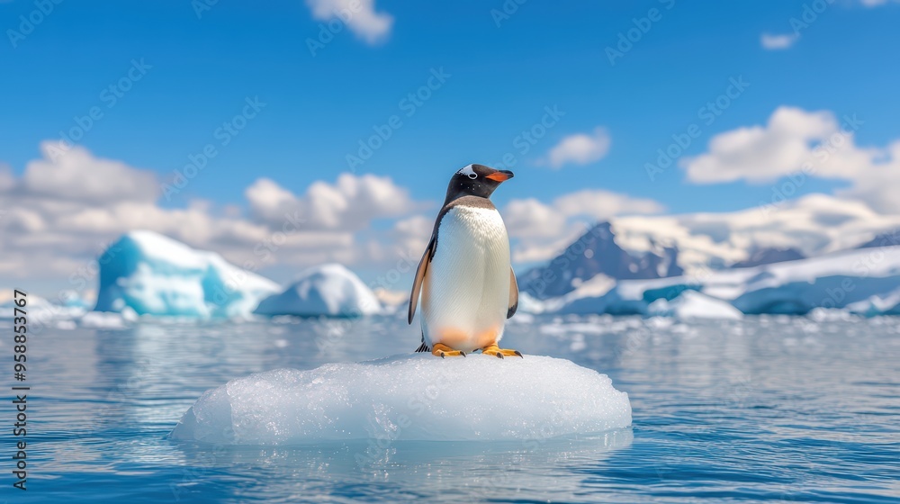 Obraz premium A solitary penguin stands atop a floating iceberg, surrounded by crystal-clear waters and a breathtaking blue sky.