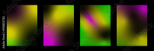 Set of vertical backgrounds with neon gradient and faded texture. Grunge wallpaper with dots, smooth transition of colors to create a design in a comic style, retro collage.