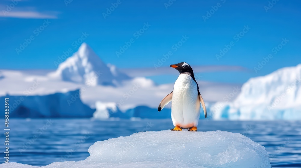 Obraz premium A solitary penguin stands on a small ice floe under a stunning blue sky in a serene polar landscape.