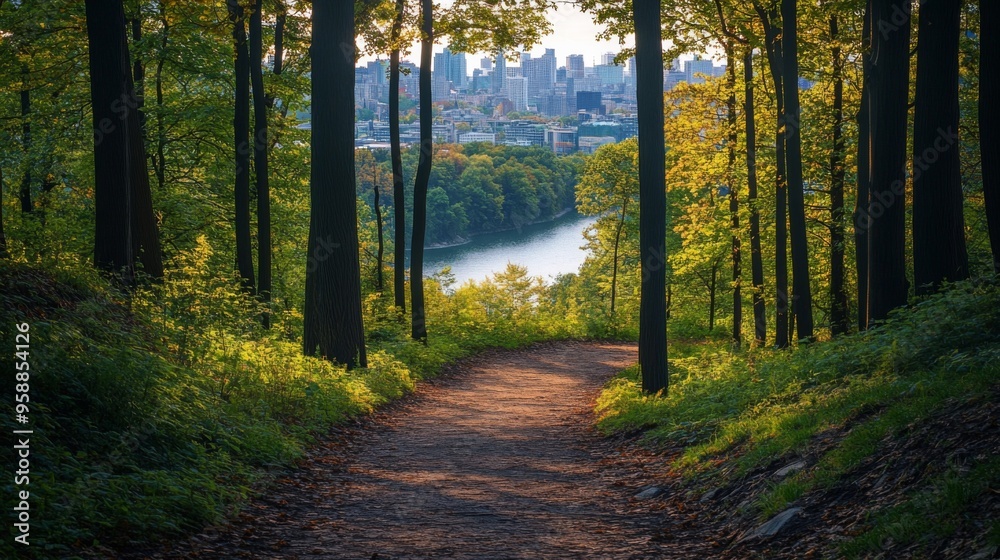 Fototapeta premium Forest Path Leading to Urban City Skyline