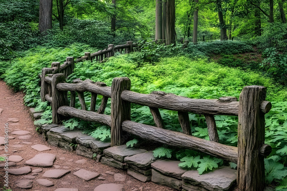 Wooden Fence and Stone Pathway in a Lush Forest Wooden Fence and Stone Pathway in a Lush Forest