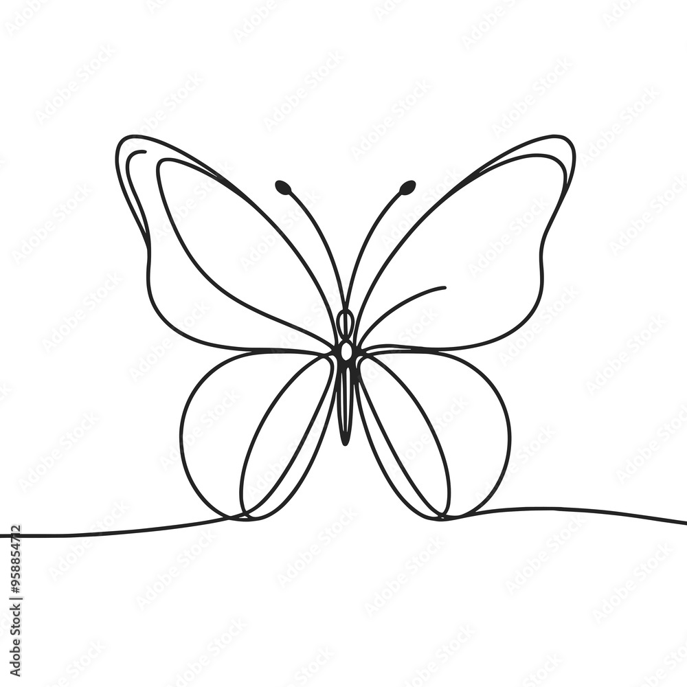 Butterfly, simple continuous black line drawing, minimalistic, single unbroken line, white background Butterfly, simple continuous black line drawing, minimalistic, single unbroken line, white background