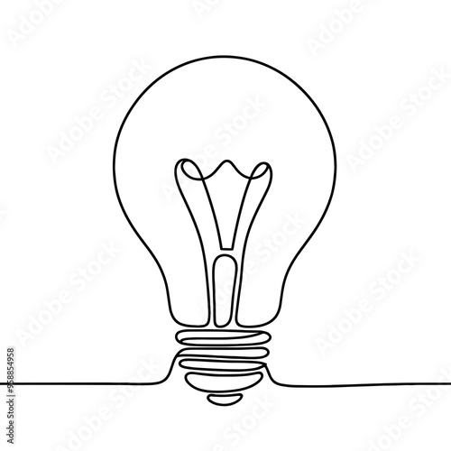 Light bulb, simple continuous black line drawing, minimalistic, single unbroken line, white background