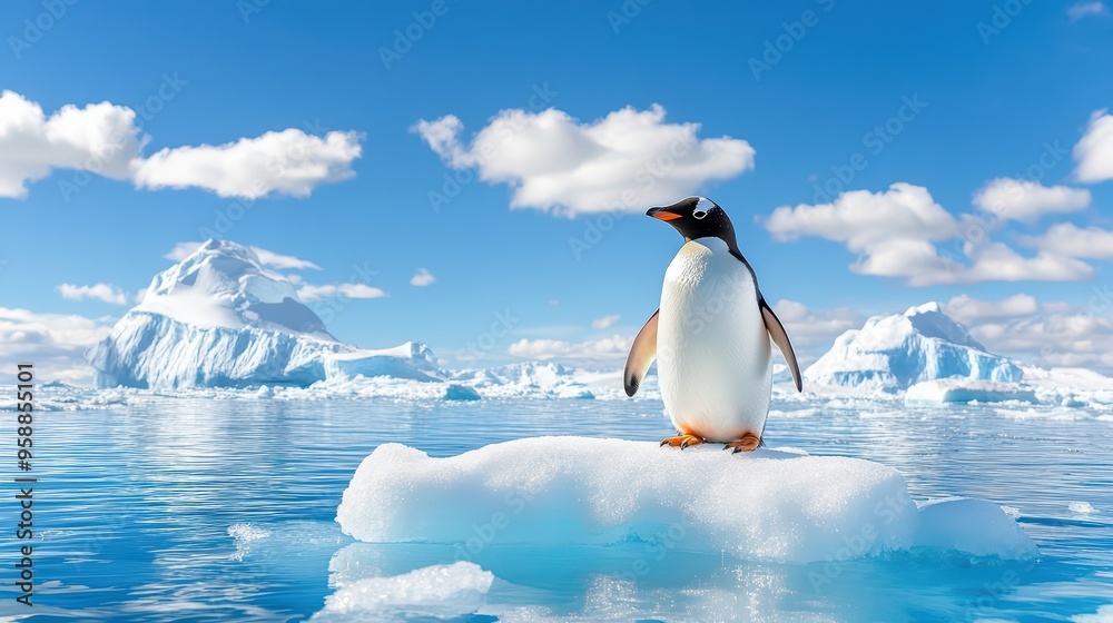 Obraz premium A solitary penguin stands proudly on a floating iceberg in a stunning Antarctic landscape with clear blue water and fluffy clouds.
