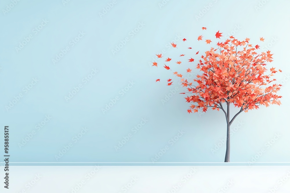 A vibrant orange tree shedding leaves against a soft blue wall, symbolizing change and nature's beauty in minimalistic design. A vibrant orange tree shedding leaves against a soft blue wall, symbolizing change and nature's beauty in minimalistic design.