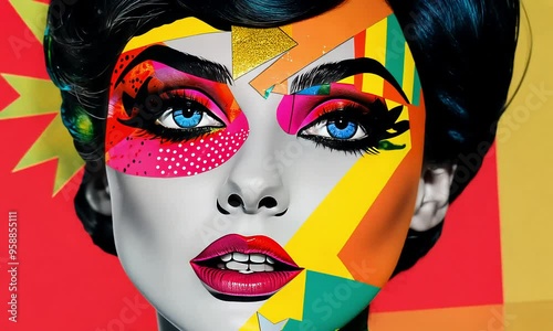 Pop Art Portrait: A vibrant, bold, and captivating portrait of a woman rendered in the style of pop art, showcasing a unique blend of colors, shapes, and patterns.