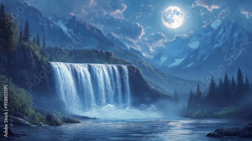 Majestic Moonlit Waterfall in Mountain Landscape