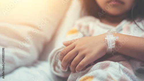 Close-up view of a child's hand with an intravenous line in a hospital bed, highlighting the vulnerability and resilience of young patients during treatment.