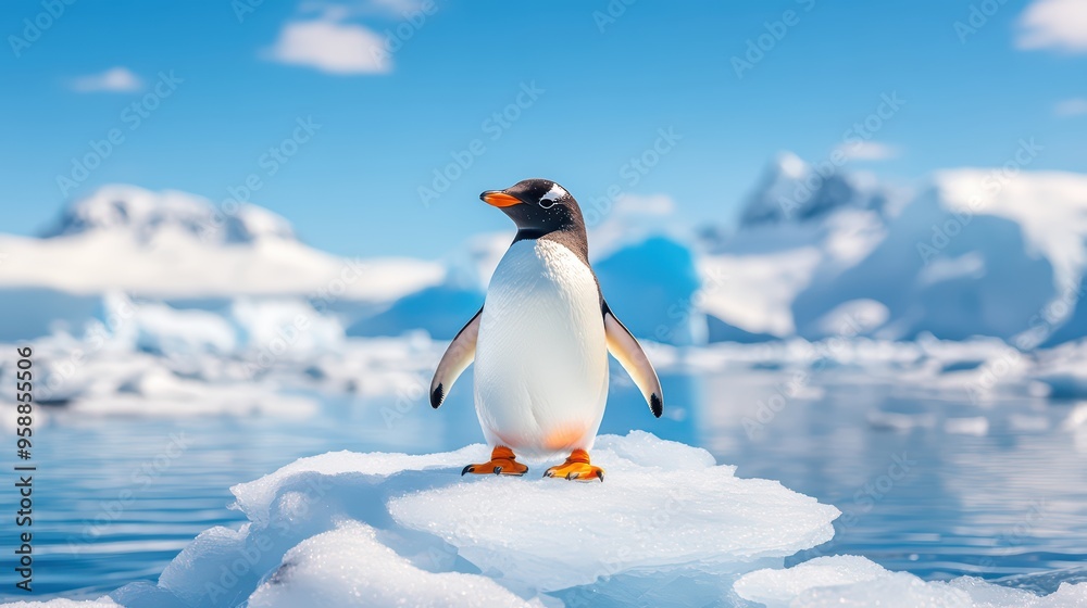 Obraz premium A solitary penguin stands proudly on a floating iceberg in the serene, icy landscape of Antarctica, showcasing nature's beauty.