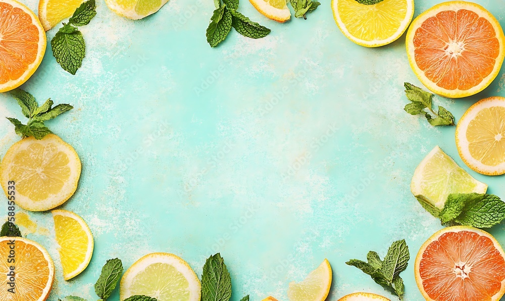 Fresh Citrus Fruit and Mint Leaves on Blue Background